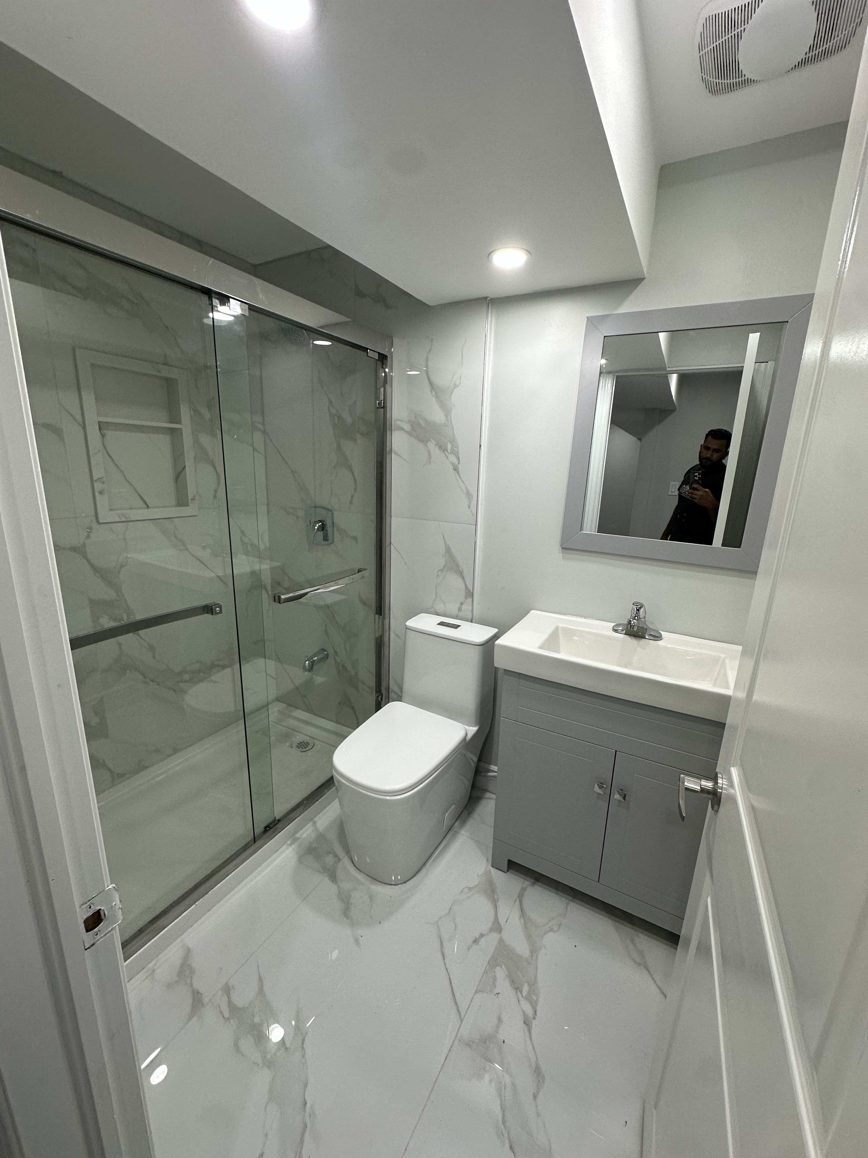 Basement Bath — Vanity & Walk-In Shower — Basements project by Redstone Construction in Brampton, ON