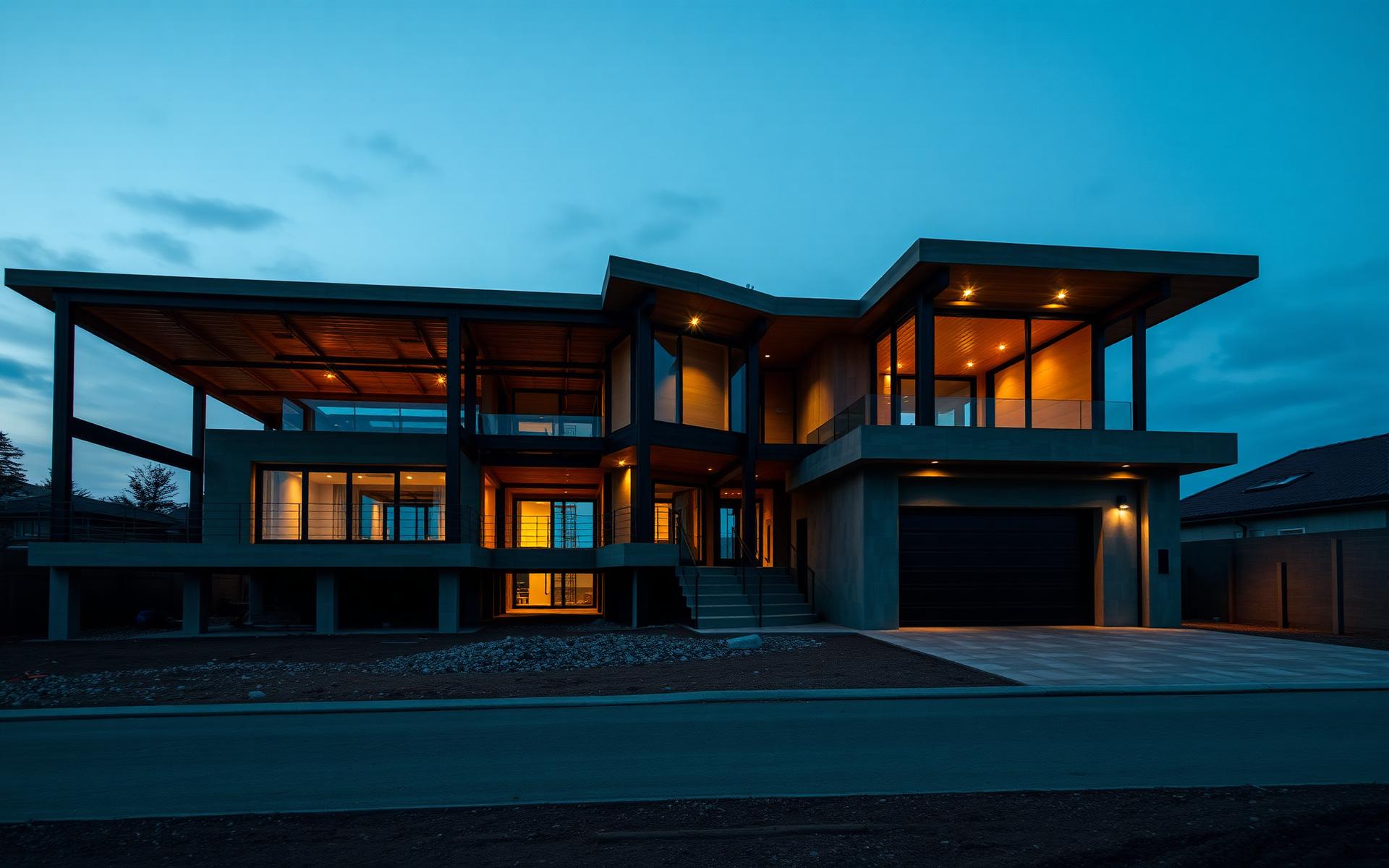 Modern luxury home under construction at dusk